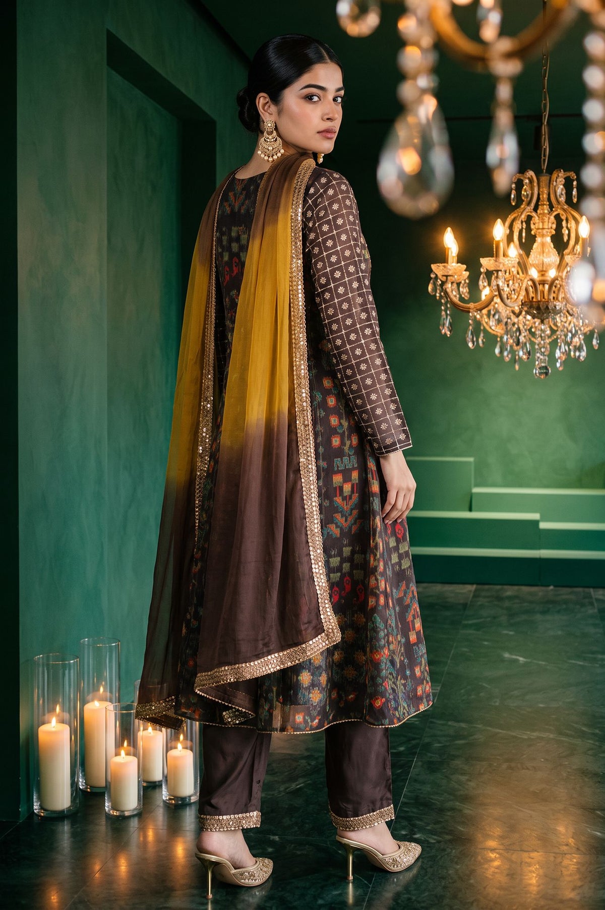 Wishful Coffee Brown Ombre Printed Sequins Organza A-line Kurta with Straight Pants and Dupatta Set