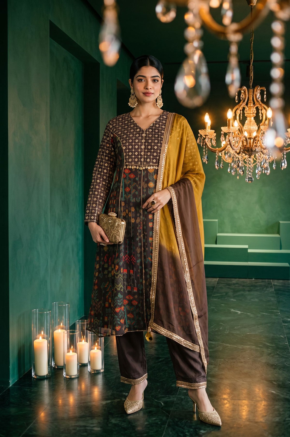 Wishful Coffee Brown Ombre Printed Sequins Organza A-line Kurta with Straight Pants and Dupatta Set
