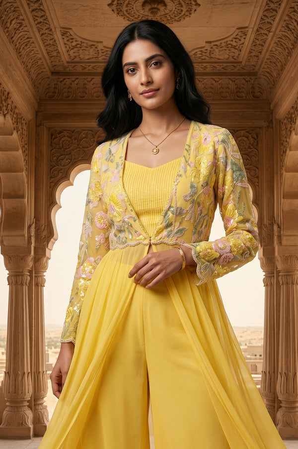 Yellow Embroidered Georgette Flared Jacket With Palazzo And Crop Top Set