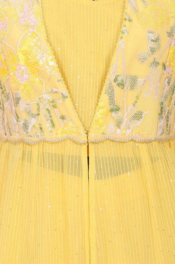 Yellow Embroidered Georgette Flared Jacket With Palazzo And Crop Top Set
