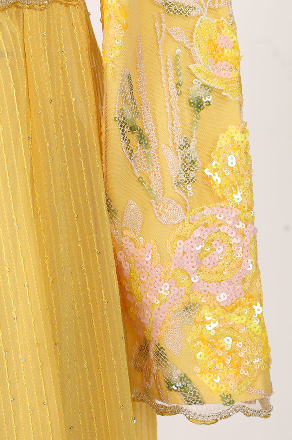 Yellow Embroidered Georgette Flared Jacket With Palazzo And Crop Top Set