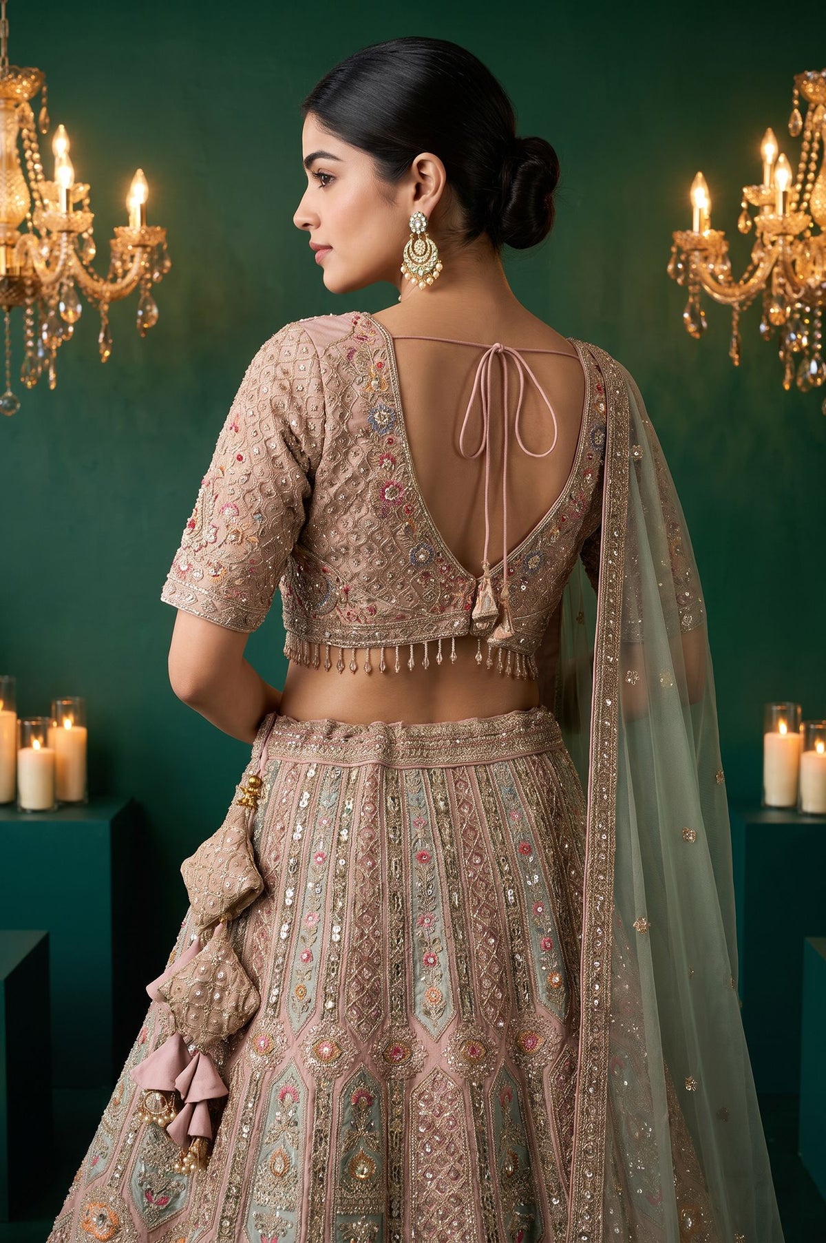 Wishful Peach Zari Embroidered Tissue A-line Blouse with Lehenga and Dupatta Set