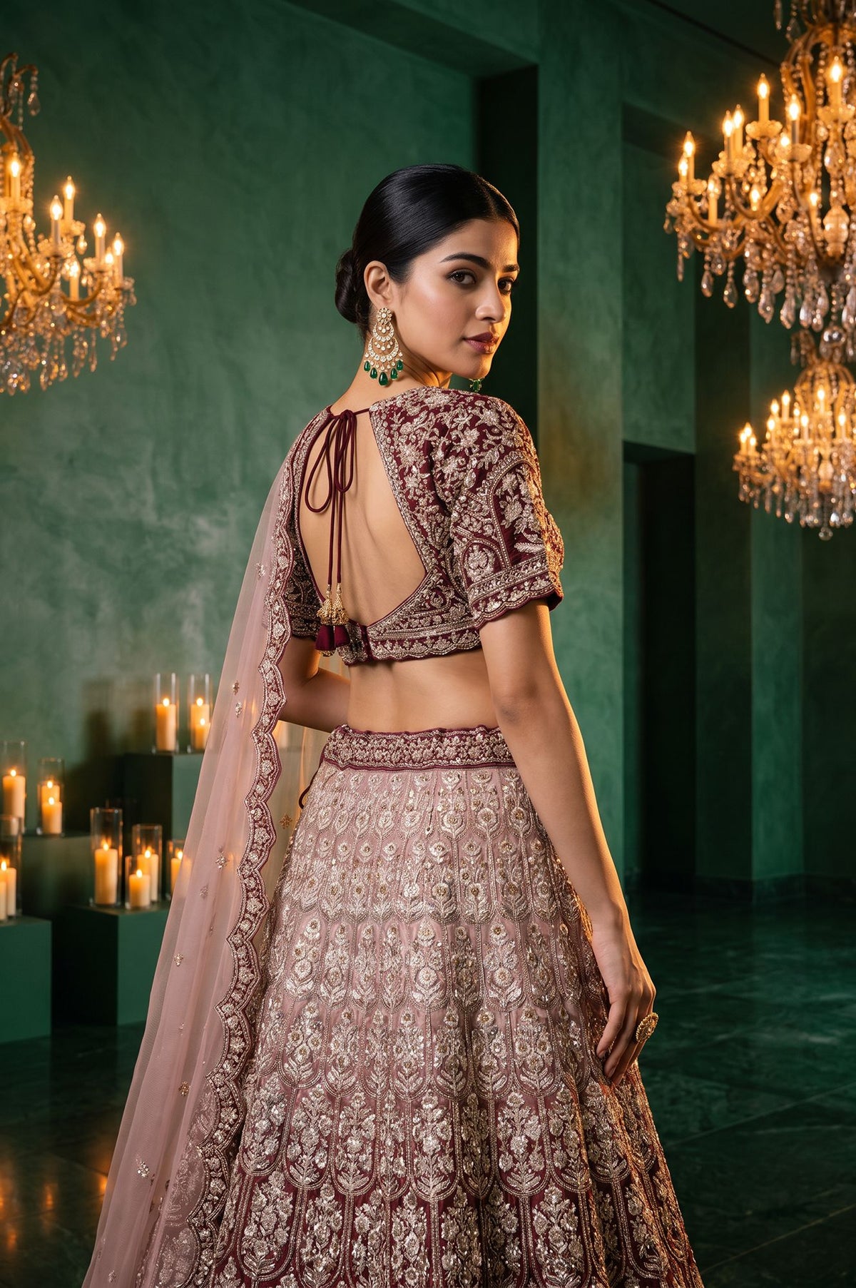 Maroon Zari Embroidered Tissue Blouse with Lehenga and Dupatta Set