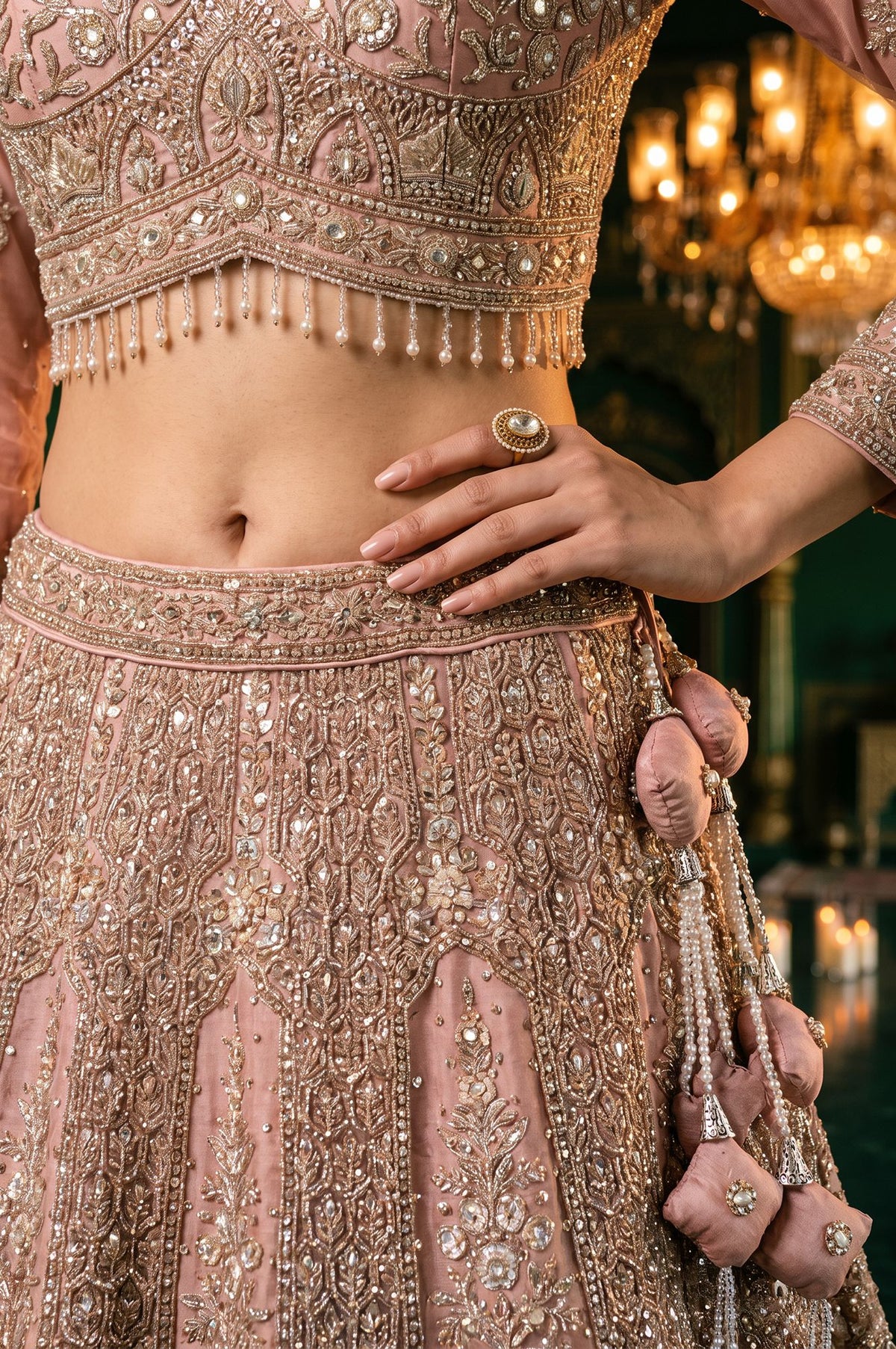 Wishful Pink Zari Embroidered Mesh Straight Blouse with Lehenga and Dupatta Set