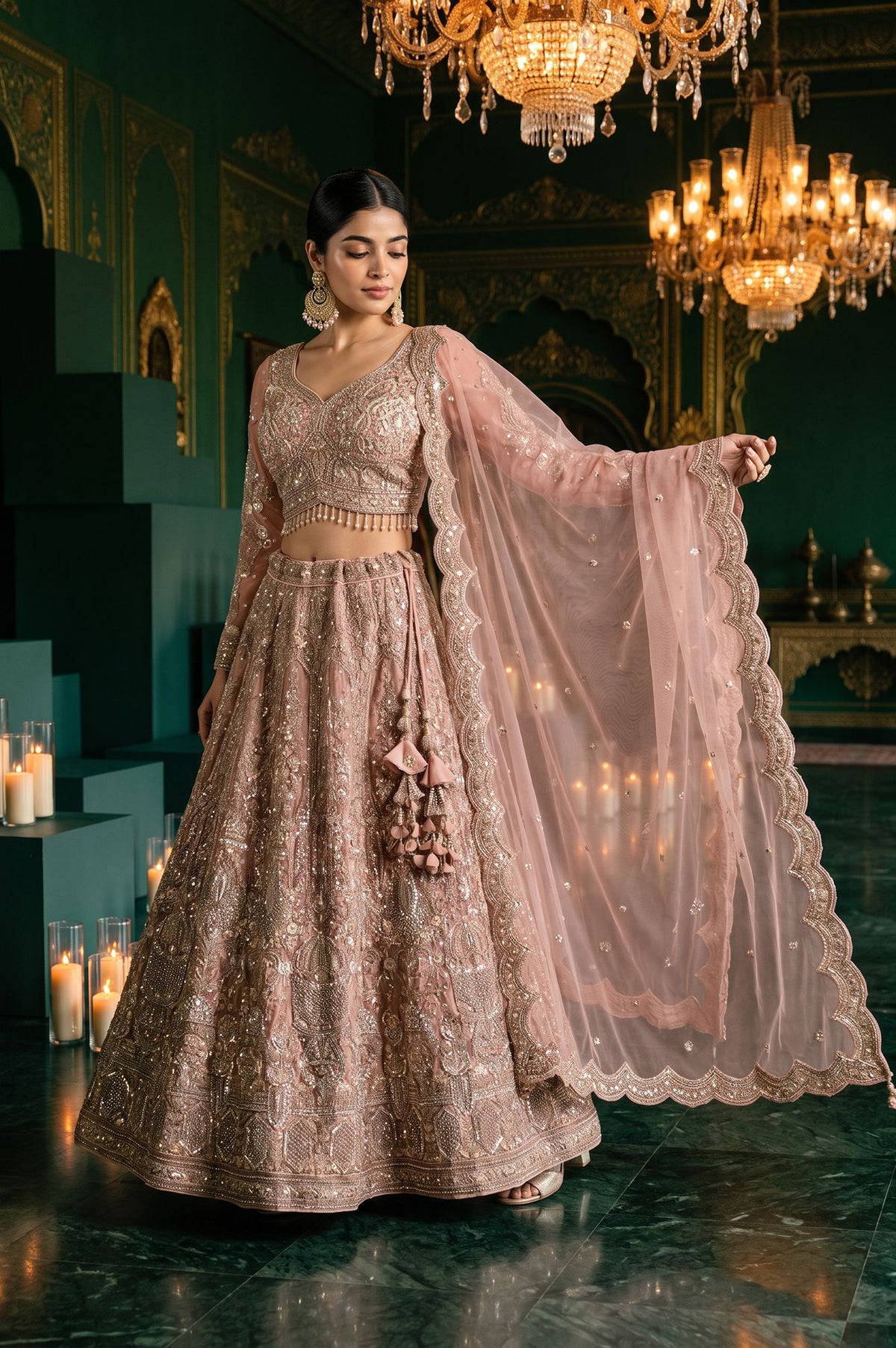 Wishful Pink Zari Embroidered Mesh Straight Blouse with Lehenga and Dupatta Set