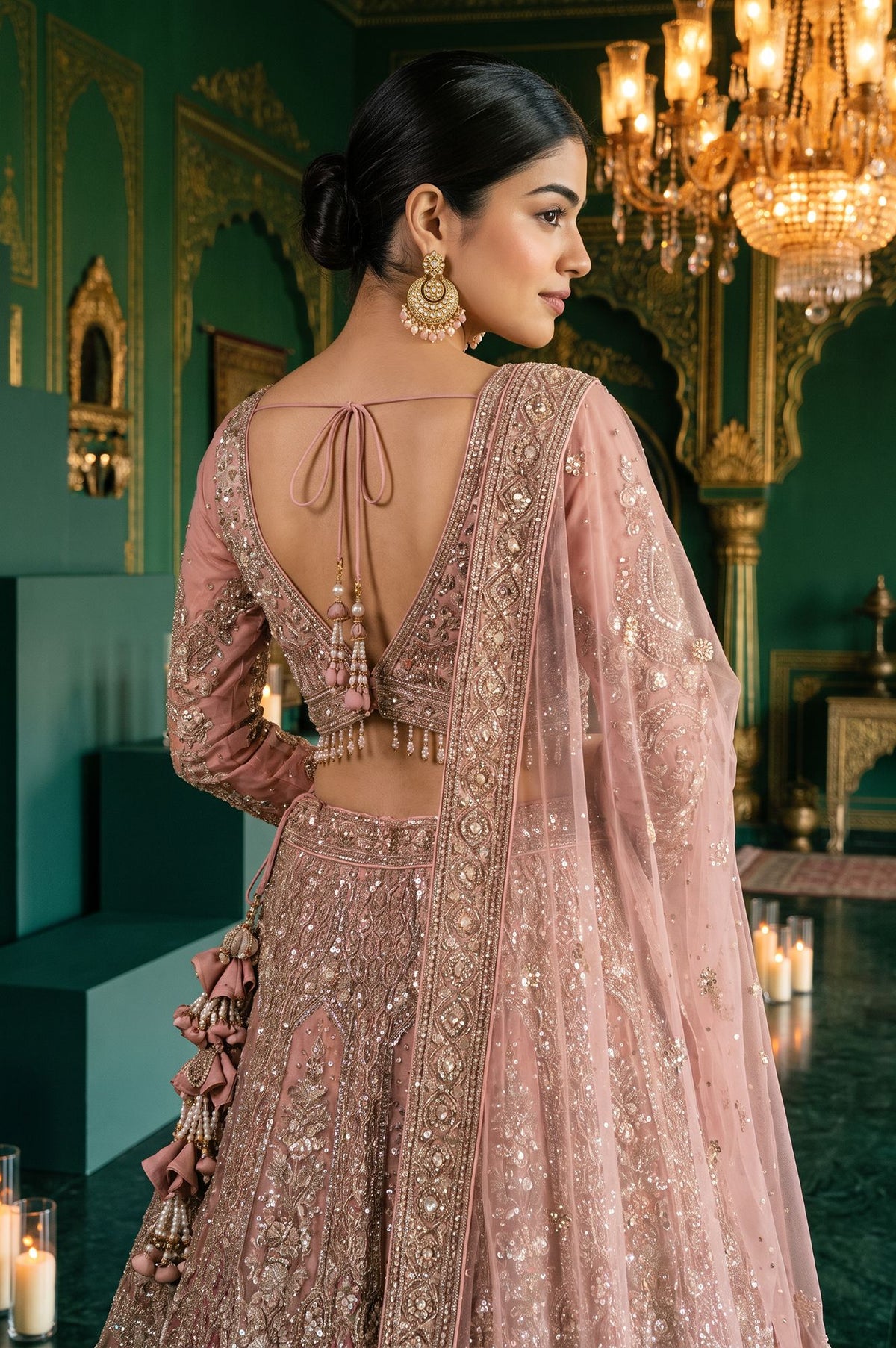 Wishful Pink Zari Embroidered Mesh Straight Blouse with Lehenga and Dupatta Set