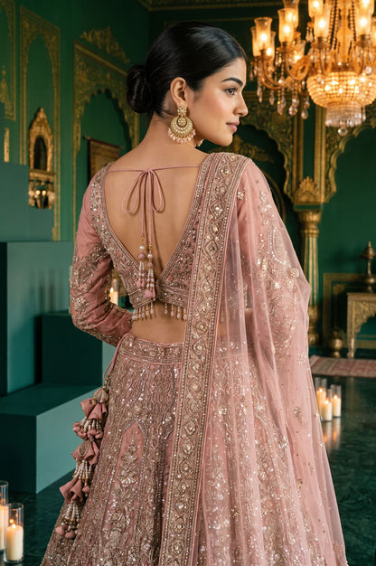 Wishful Pink Zari Embroidered Mesh Straight Blouse with Lehenga and Dupatta Set