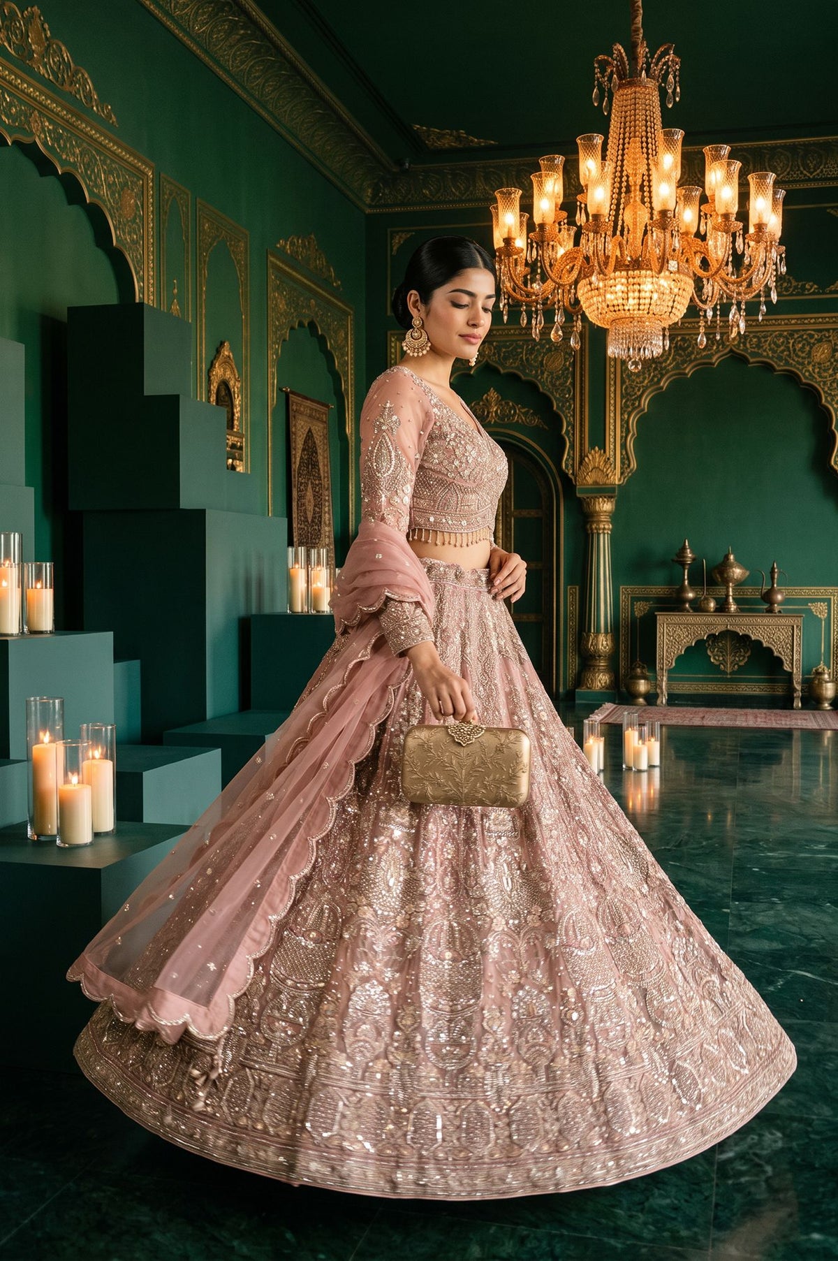 Wishful Pink Zari Embroidered Mesh Straight Blouse with Lehenga and Dupatta Set