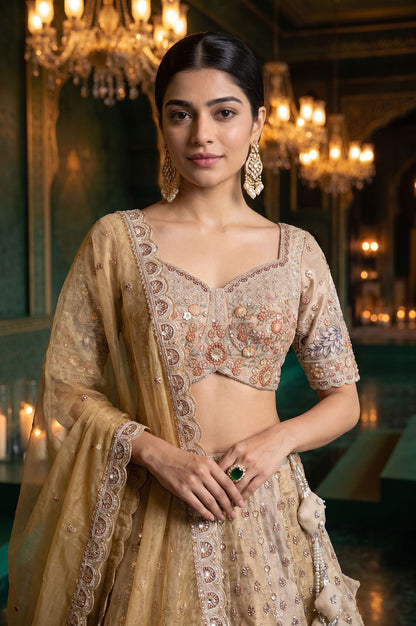 Wishful Gold Zari Embroidered Tissue Straight Blouse with Lehenga and Dupatta Set