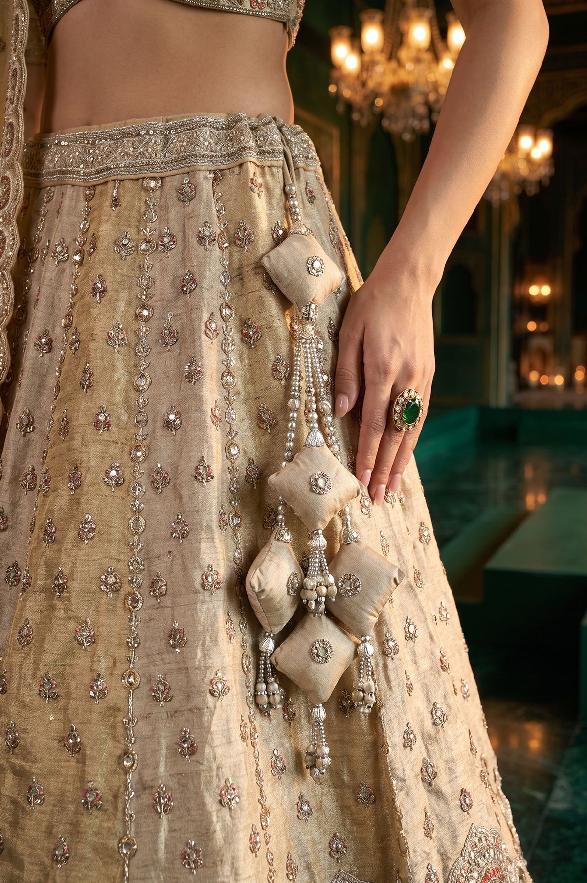 Wishful Gold Zari Embroidered Tissue Straight Blouse with Lehenga and Dupatta Set