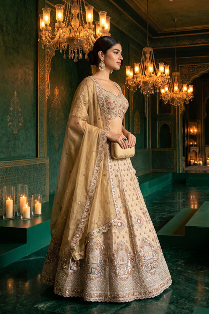 Wishful Gold Zari Embroidered Tissue Straight Blouse with Lehenga and Dupatta Set