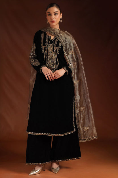 Wishful Black Zari Embroidered Velvet Straight Kurta with Parallel Pants and Dupatta Set