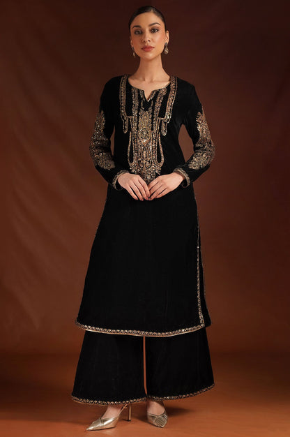 Wishful Black Zari Embroidered Velvet Straight Kurta with Parallel Pants and Dupatta Set