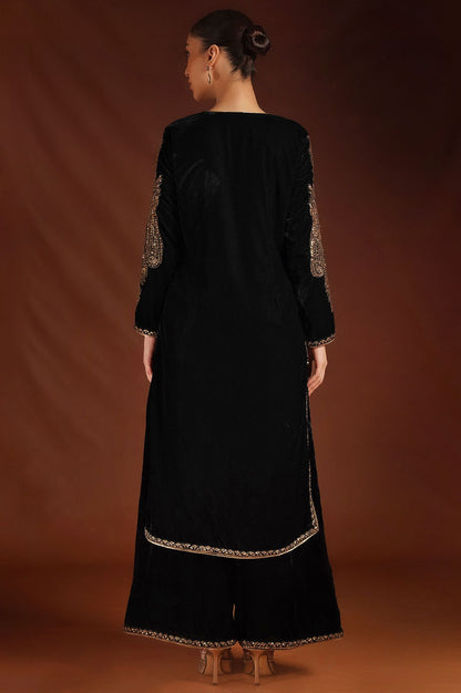 Wishful Black Zari Embroidered Velvet Straight Kurta with Parallel Pants and Dupatta Set